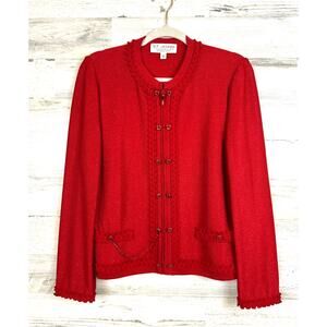 St. John Womens 10 Red Knit Wool Crochet Zip Front Designer Crochet Jacket NEW